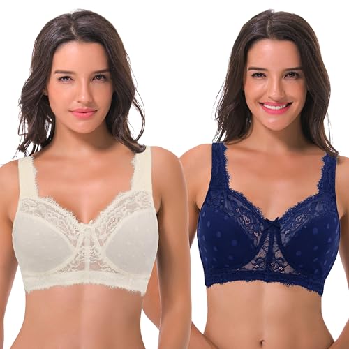 Curve Muse Damen Übergröße Minimierer Spitze Vollständige Abdeckung Ungefütterter Kabellos-BH-Marine, Weiss-85F-V2 von Curve Muse