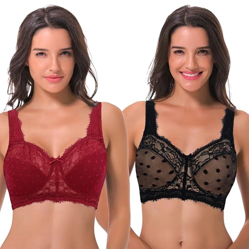 Curve Muse Damen Übergröße Minimierer Spitze Vollständige Abdeckung Ungefütterter Kabellos-BH-Rot,Schwarz-105C-V2 von Curve Muse