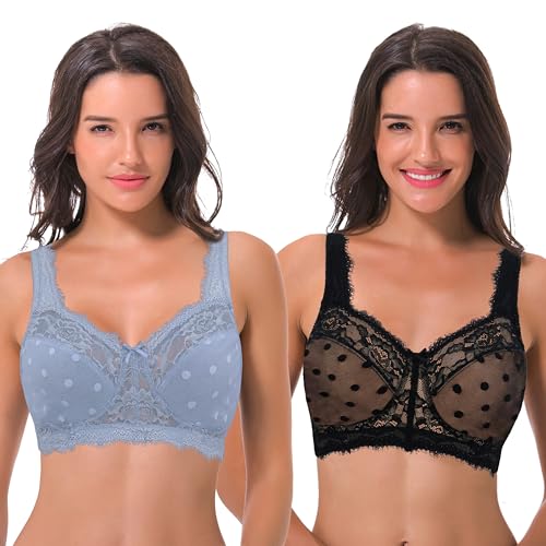 Curve Muse Damen Übergröße Minimierer Spitze Vollständige Abdeckung Ungefütterter Kabellos-BH-Schwarz, Lt Blau-75C von Curve Muse