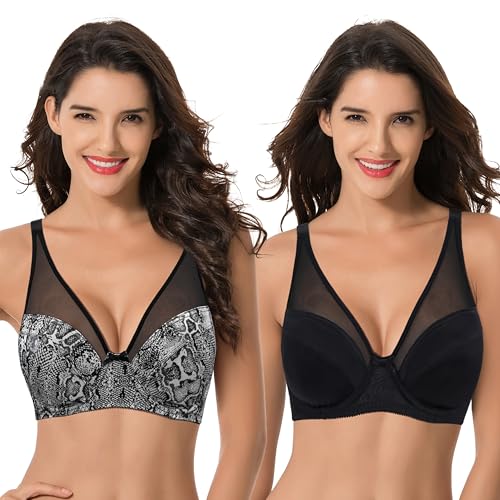 Curve Muse Damen Übergröße Minimizer BH ohne Polsterung Bügel Vollständige Abdeckung-2er Pack-Cream Printed,Black-75D von Curve Muse