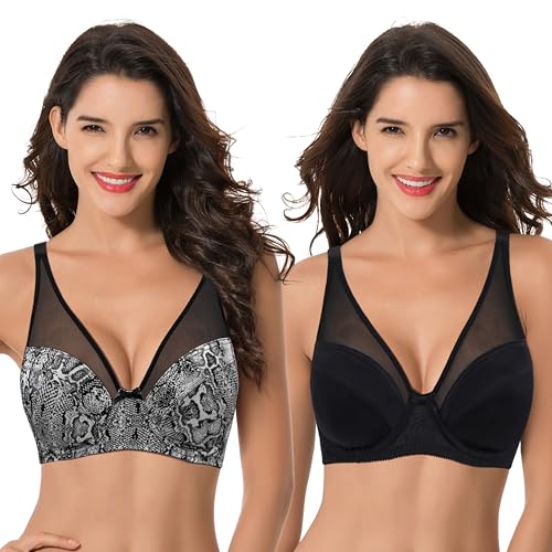 Curve Muse Damen Übergröße Minimizer BH ohne Polsterung Bügel Vollständige Abdeckung-2er Pack-Cream Printed,Black-85F von Curve Muse