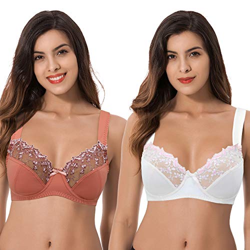 Curve Muse Damen Übergröße Minimizer Bügel-BH mit Stickspitze - 2er Pack-Braune, Buttermilch-100C von Curve Muse