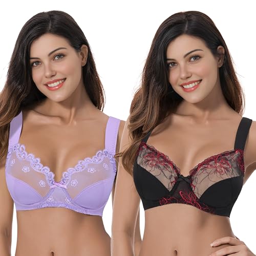Curve Muse Damen Übergröße Minimizer Bügel-BH mit Stickspitze - 2er Pack-Black,Lavender-100C von Curve Muse