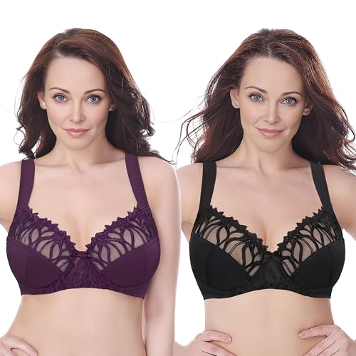 Curve Muse Damen Übergröße Minimizer Bügel-BH mit Stickspitze - 2er Pack-Magenta Haze,Black-90F von Curve Muse