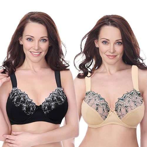 Curve Muse Damen Übergröße Minimizer Bügel-BH mit Stickspitze - 2er Pack-Nackt, schwarz-105F von Curve Muse