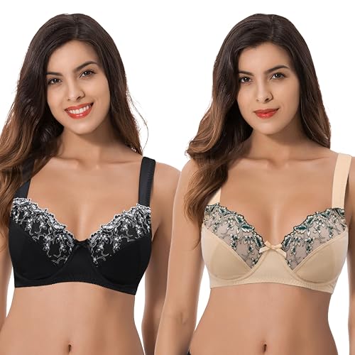 Curve Muse Damen Übergröße Minimizer Bügel-BH mit Stickspitze - 2er Pack-Nackt, schwarz-75E von Curve Muse