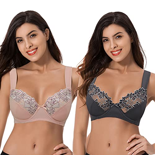 Curve Muse Damen Übergröße Minimizer Bügel-BH mit Stickspitze - 2er Pack-Pink,Dark Grey-100E von Curve Muse