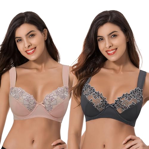 Curve Muse Damen Übergröße Minimizer Bügel-BH mit Stickspitze - 2er Pack-Pink,Dark Grey-100G von Curve Muse