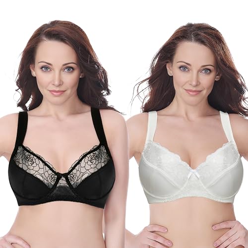 Curve Muse Damen Übergröße Minimizer Bügel-BH mit Stickspitze - 2er Pack-Schwarz, Buttermilch-100E von Curve Muse