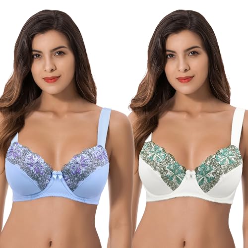 Curve Muse Damen Übergröße Minimizer Bügel Ungefütterte BHS mit Stickspitze - 2er Pack-Buttermilch, Gelassenheit-85F von Curve Muse