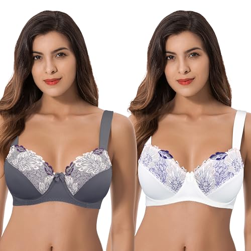 Curve Muse Damen Übergröße Minimizer Bügel Ungefütterte BHS mit Stickspitze - 2er Pack-Buttermilch, Grau-110C von Curve Muse
