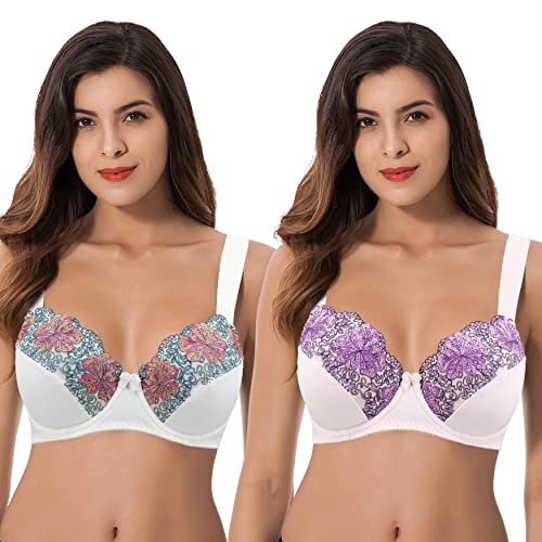 Curve Muse Damen Übergröße Minimizer Bügel Ungefütterte BHS mit Stickspitze - 2er Pack-Buttermilch, Orchideentönung-105D von Curve Muse