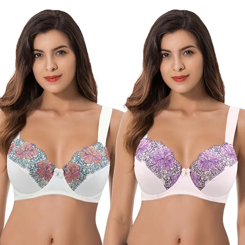 Curve Muse Damen Übergröße Minimizer Bügel Ungefütterte BHS mit Stickspitze - 2er Pack-Buttermilch, Orchideentönung-90E von Curve Muse