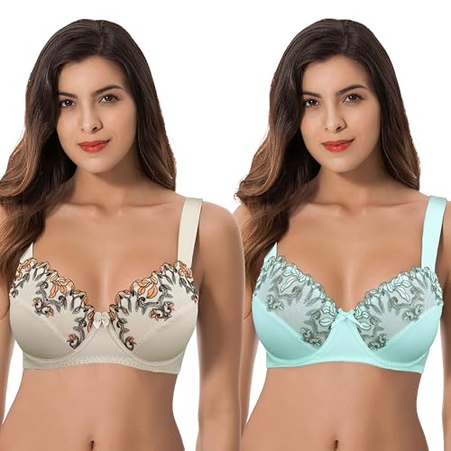 Curve Muse Damen Übergröße Minimizer Bügel Ungefütterte BHS mit Stickspitze - 2er Pack-Nude, Blaues Licht-100B von Curve Muse