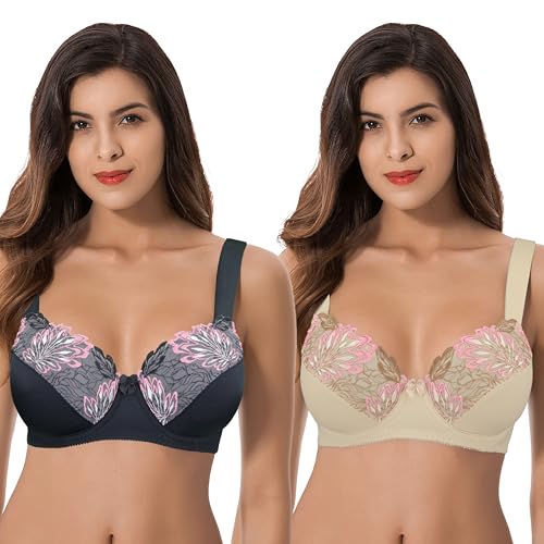 Curve Muse Damen Übergröße Minimizer Bügel Ungefütterte BHS mit Stickspitze - 2er Pack-Nude, Schwarz-100E von Curve Muse