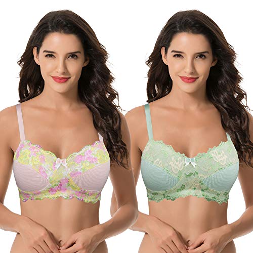 Curve Muse Damen Übergröße Minimizer Kabellos Ungefütterter BH mit Spitzenbesatz - 2er Pack-Hellrosa, Hellgrün-105C von Curve Muse