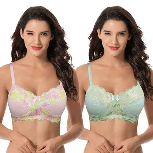 Curve Muse Damen Übergröße Minimizer Kabellos Ungefütterter BH mit Spitzenbesatz - 2er Pack-Hellrosa, Hellgrün-105E von Curve Muse
