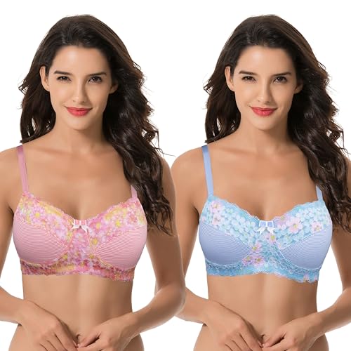 Curve Muse Damen Übergröße Minimizer Kabellos Ungefütterter BH mit Spitzenbesatz - 2er Pack-Rosa, Hellblau-90F von Curve Muse