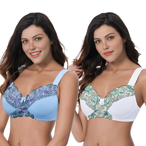 Curve Muse Damen Übergröße Minimizer Kabellos Ungefütterter BH mit Stickspitze - 2er Pack-Buttermilch, Gelassenheit-105C von Curve Muse