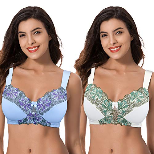 Curve Muse Damen Übergröße Minimizer Kabellos Ungefütterter BH mit Stickspitze - 2er Pack-Buttermilch, Gelassenheit-105E von Curve Muse