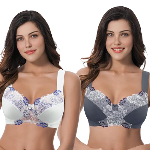 Curve Muse Damen Übergröße Minimizer Kabellos Ungefütterter BH mit Stickspitze - 2er Pack-Buttermilch, Grau-75D von Curve Muse