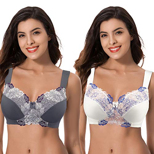 Curve Muse Damen Übergröße Minimizer Kabellos Ungefütterter BH mit Stickspitze - 2er Pack-Buttermilch, Grau-85G von Curve Muse