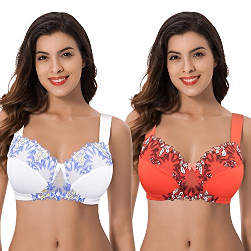 Curve Muse Damen Übergröße Minimizer Kabellos Ungefütterter BH mit Stickspitze - 2er Pack-Buttermilch, Kirschtomate-105F von Curve Muse