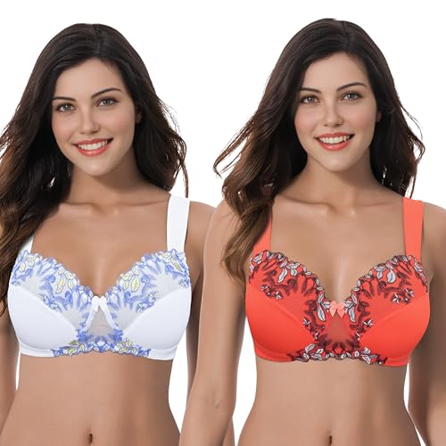 Curve Muse Damen Übergröße Minimizer Kabellos Ungefütterter BH mit Stickspitze - 2er Pack-Buttermilch, Kirschtomate-95F von Curve Muse