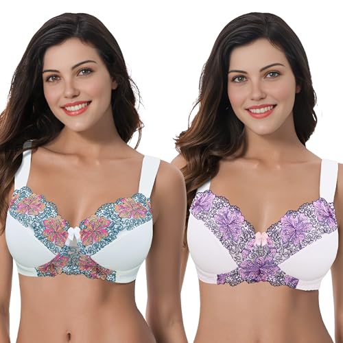 Curve Muse Damen Übergröße Minimizer Kabellos Ungefütterter BH mit Stickspitze - 2er Pack-Buttermilch, Orchidee Tönung-80C von Curve Muse
