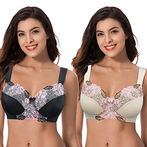 Curve Muse Damen Übergröße Minimizer Kabellos Ungefütterter BH mit Stickspitze - 2er Pack-Nackt, Schwarz-110F von Curve Muse