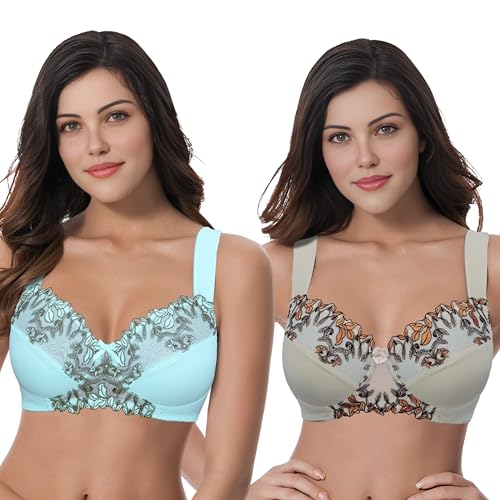 Curve Muse Damen Übergröße Minimizer Kabellos Ungefütterter BH mit Stickspitze - 2er Pack-Nude, Hellblau-110F von Curve Muse