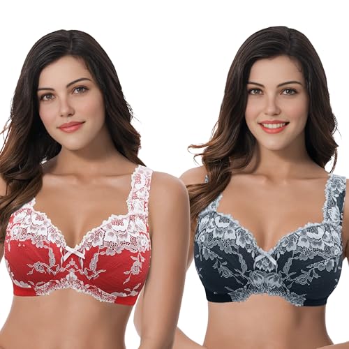 Curve Muse Damen Übergröße Minimizer Ungefüttert Kabellos Spitze Vollständige Abdeckung BHS-Black,Red-85D von Curve Muse