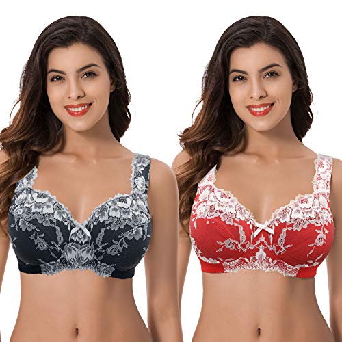 Curve Muse Damen Übergröße Minimizer Ungefüttert Kabellos Spitze Vollständige Abdeckung BHS-Schwarz, Rot-100B von Curve Muse