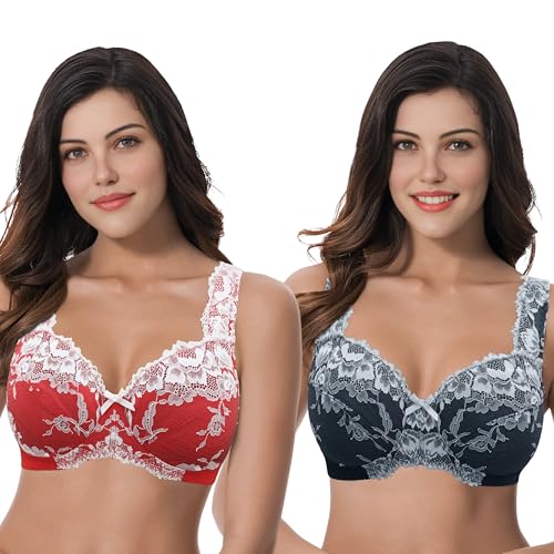 Curve Muse Damen Übergröße Minimizer Ungefüttert Kabellos Spitze Vollständige Abdeckung BHS-Schwarz, Rot-75D von Curve Muse