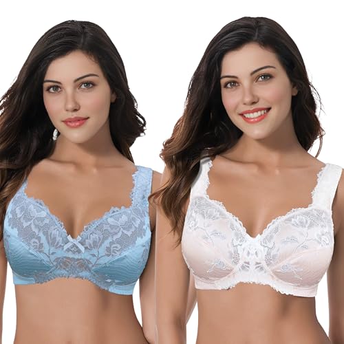 Curve Muse Damen Übergröße Minimizer Ungefüttert Kabellos Spitze Vollständige Abdeckung BHS-Sternenlichtblau,Rosa Hartriegel-110E von Curve Muse