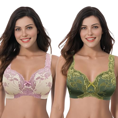 Curve Muse Damen Übergröße Minimizer Ungefüttert Kabellos Spitze Vollständige Abdeckung BHS-Tiefes Flechtengrün,Nackt-95D von Curve Muse