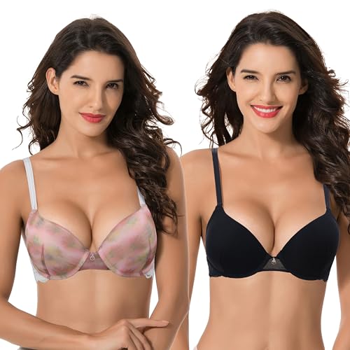 Curve Muse Damen Übergröße Perfekt Gestalten 1 Tasse Push Up hinzufügen Bügel-BHs-2er Pack-Creme/Heisses Rosa,Schwarz-75F von Curve Muse