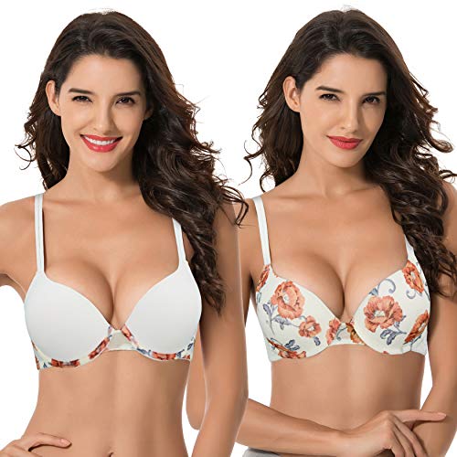 Curve Muse Damen Übergröße Perfekt Gestalten 1 Tasse Push Up hinzufügen Bügel-BHs-2er Pack-Sahne Druck, Sahne-105B von Curve Muse