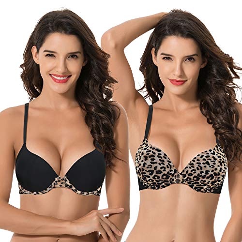 Curve Muse Damen Übergröße Perfekt Gestalten 1 Tasse Push Up hinzufügen Bügel-BHs-2er Pack-Schwarz, Leopardenmuster-105C von Curve Muse