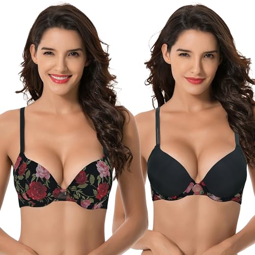 Curve Muse Damen Übergröße Perfekt Gestalten 1 Tasse Push Up hinzufügen Bügel-BHs-2er Pack-Schwarzer Druck, Schwarz-75C von Curve Muse