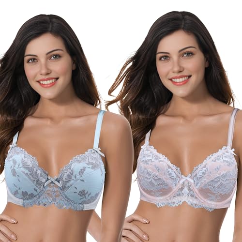 Curve Muse Damen Übergröße Ungefüttert Semi-Sheer Balconette Bügel Spitzen-BH - 2er Pack-Rosa, Blau-105D von Curve Muse