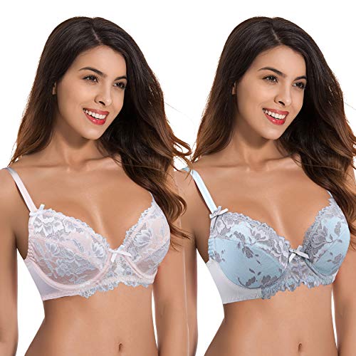 Curve Muse Damen Übergröße Ungefüttert Semi-Sheer Balconette Bügel Spitzen-BH - 2er Pack-Rosa, Blau-90E von Curve Muse