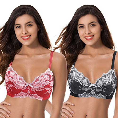 Curve Muse Damen Übergröße Ungefüttert Semi-Sheer Balconette Bügel Spitzen-BH - 2er Pack-Schwarz, Rot-75F von Curve Muse