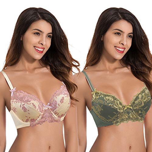 Curve Muse Damen Übergröße Ungefüttert Semi-Sheer Balconette Bügel Spitzen-BH - 2er Pack-Tiefgrün, Nackt-105F von Curve Muse