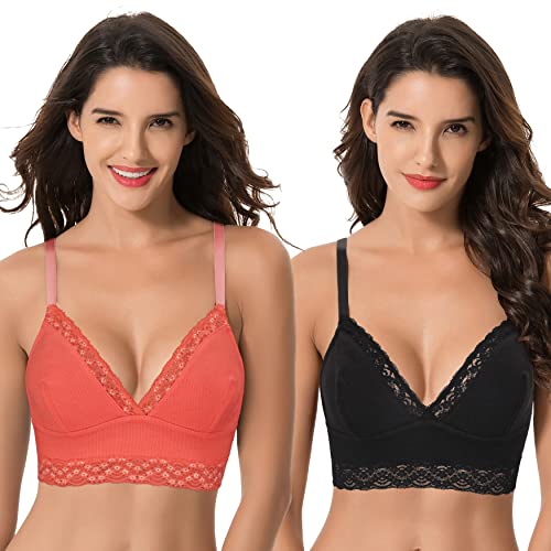 Curve Muse Damen Übergröße Ungefütterter Bügelfreier Langer Baumwoll-BH mit Spitzenbesatz-2er Pack-L-Koralle,Schwarz von Curve Muse