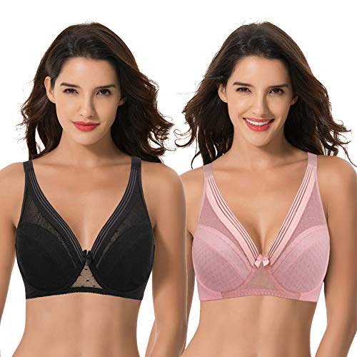 Curve Muse Damen Übergröße Ungefütterter Minimierer Vollständige Abdeckung Gittergewebe Bügel-BH-2er Pack-Schwarz, Rosa-85G von Curve Muse