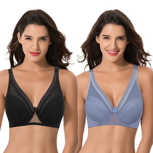 Curve Muse Damen Übergröße Ungefütterter Minimierer Vollständige Abdeckung Gittergewebe Bügel-BH-2er Pack-Schwarz, Lt Blau-110F von Curve Muse