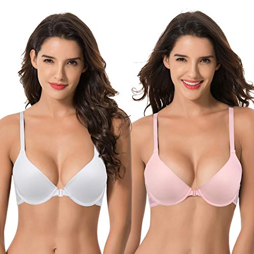 Curve Muse Damen Übergröße Vollständige Abdeckung Bügel vorne schließen BHs-2er Pack-Rosa,Weiss-100D von Curve Muse