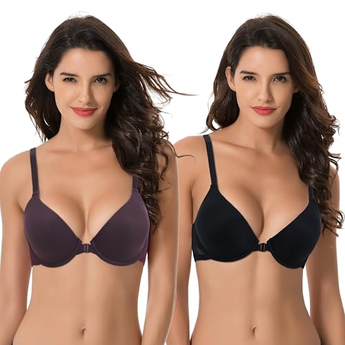 Curve Muse Damen Übergröße Vollständige Abdeckung Bügel vorne schließen BHs-2er Pack-Schwarz,Pflaume-80F von Curve Muse
