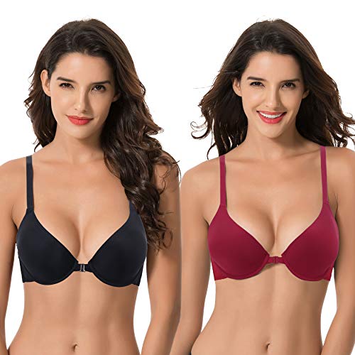 Curve Muse Damen Übergröße Vollständige Abdeckung Bügel vorne schließen BHs-2er Pack-Schwarz,Rot-105F von Curve Muse